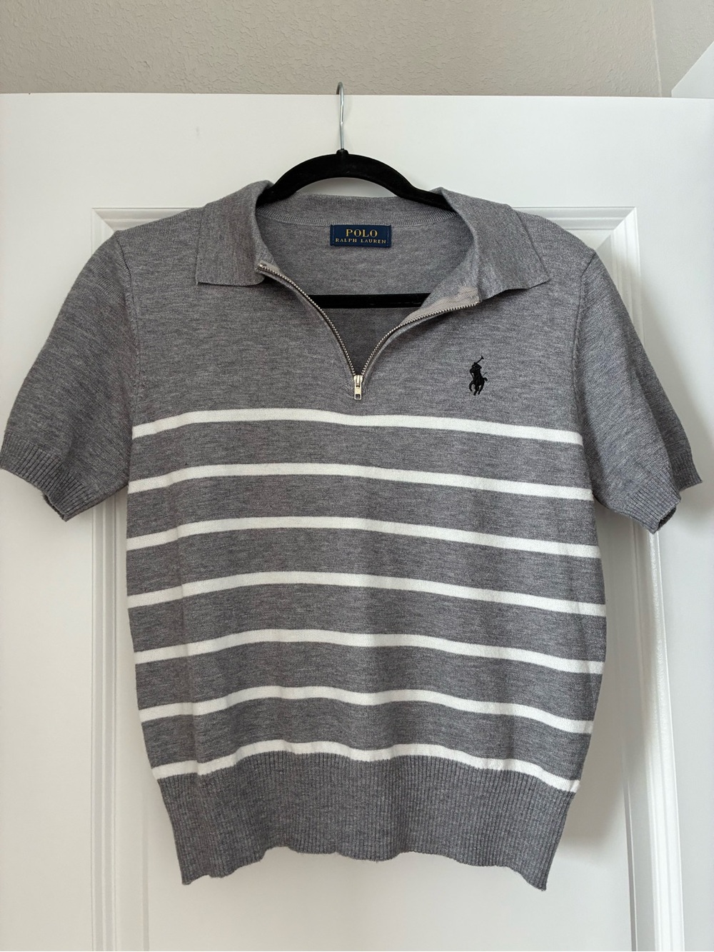 Women Polo Ralph Lauren Gray & White Horizontal Striped Quarter Zip Sweater